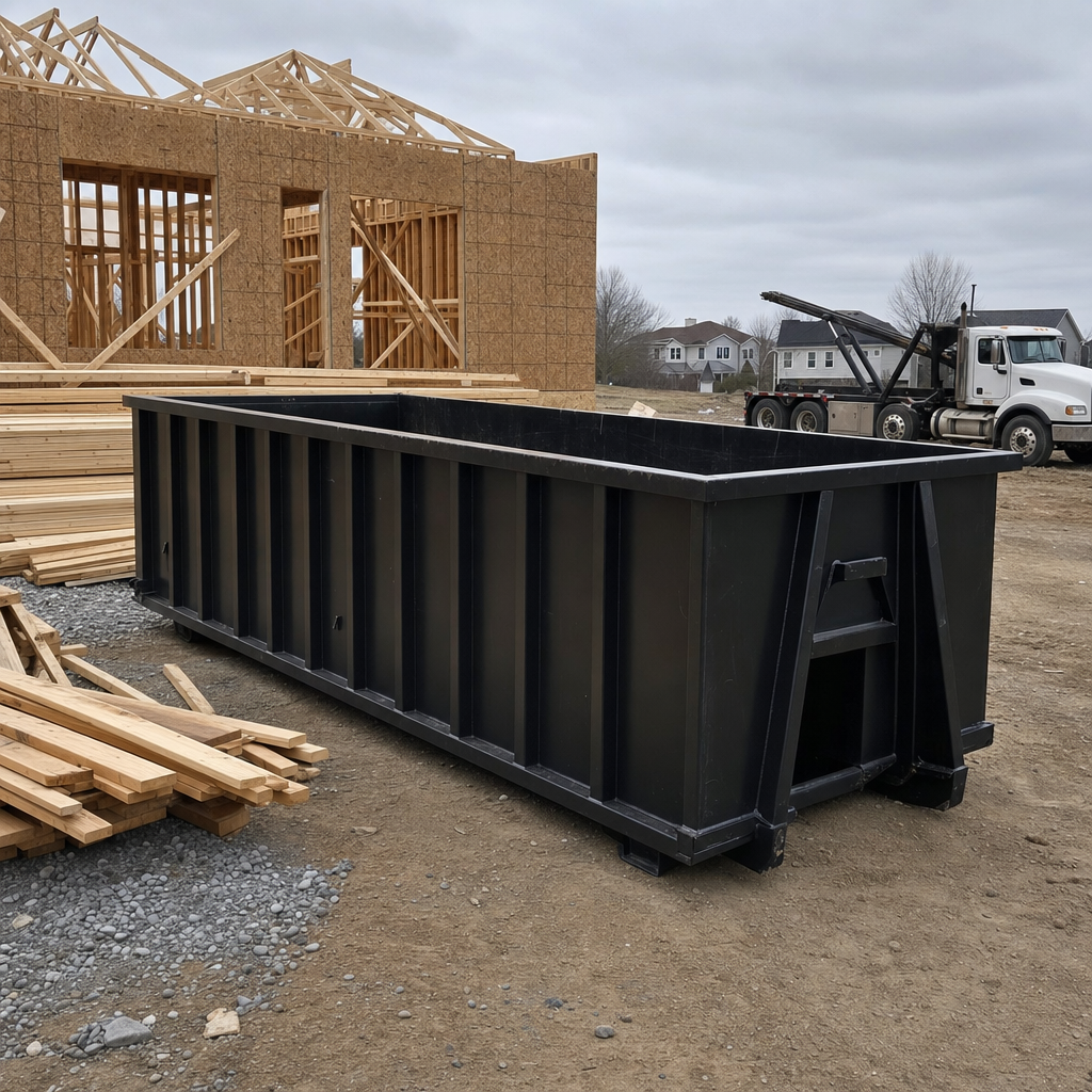 Matte-black 40-yard roll-off dumpster staged on a framed-out residential construction site in Tallahassee, framing lumber stacked nearby, hooklift delivery truck visible in the background under bright Colorado daylight