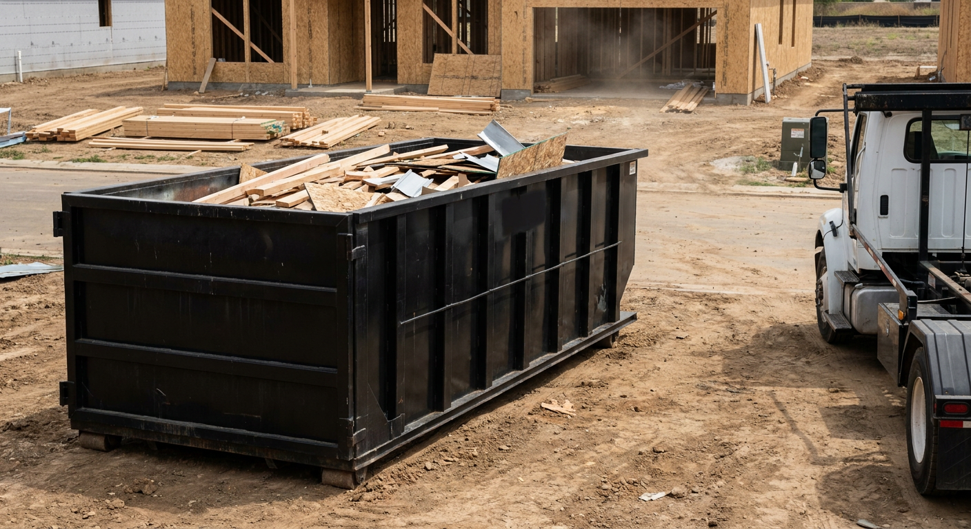 Matte-black 20-yard roll-off construction dumpster with heavy ribbed steel sidewalls and swing rear doors at a working jobsite in Tallahassee, sitting directly on compacted dirt with an unmarked white hauler partially visible at the far edge of the frame.