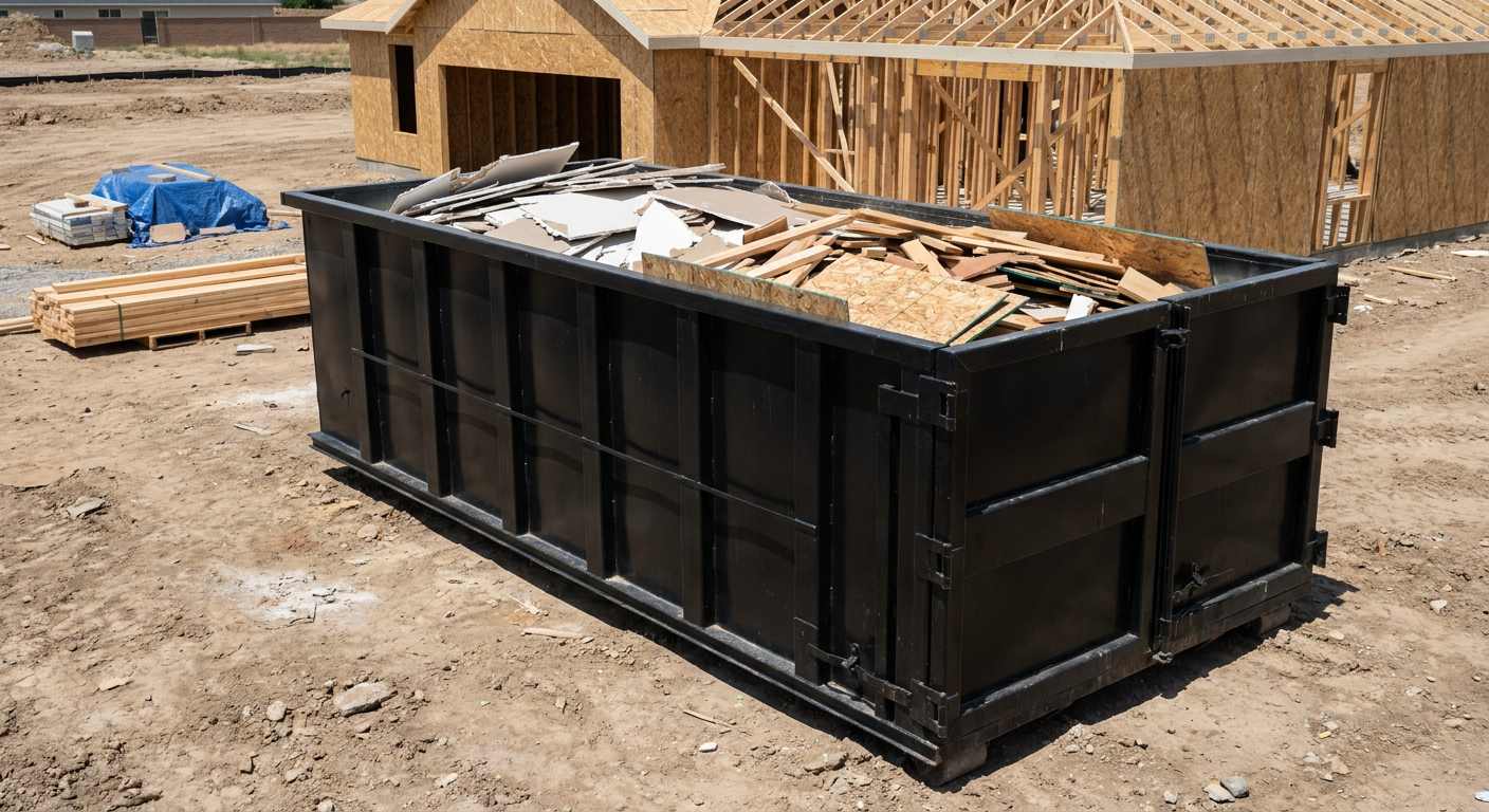 Matte-black 30-yard roll-off construction dumpster sitting directly on the compacted-dirt site of a framed single-family home build in Tallahassee, drywall and lumber scrap loaded inside.