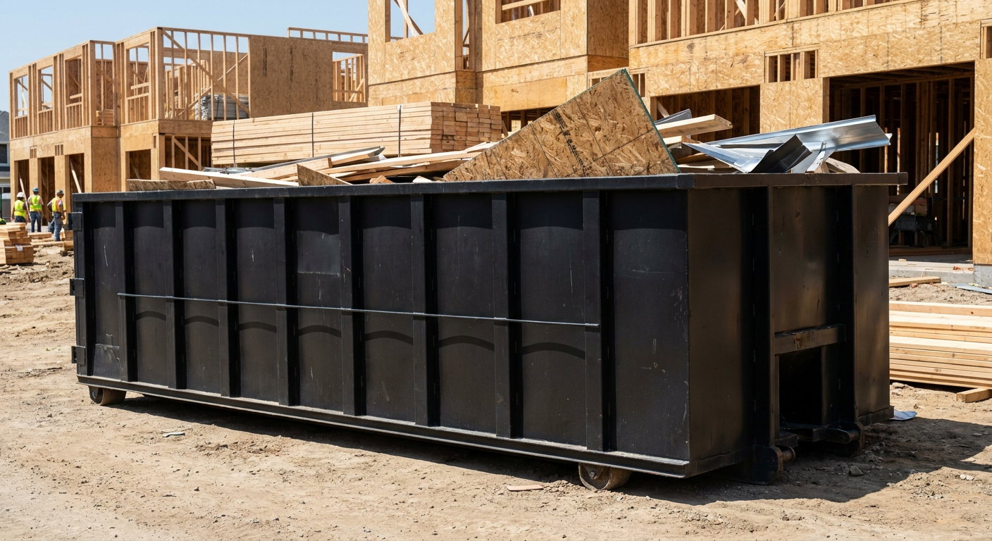 Matte-black 40-yard roll-off construction dumpster being lowered from a white-cab hooklift delivery truck onto the compacted-dirt jobsite at a commercial build site in Tallahassee