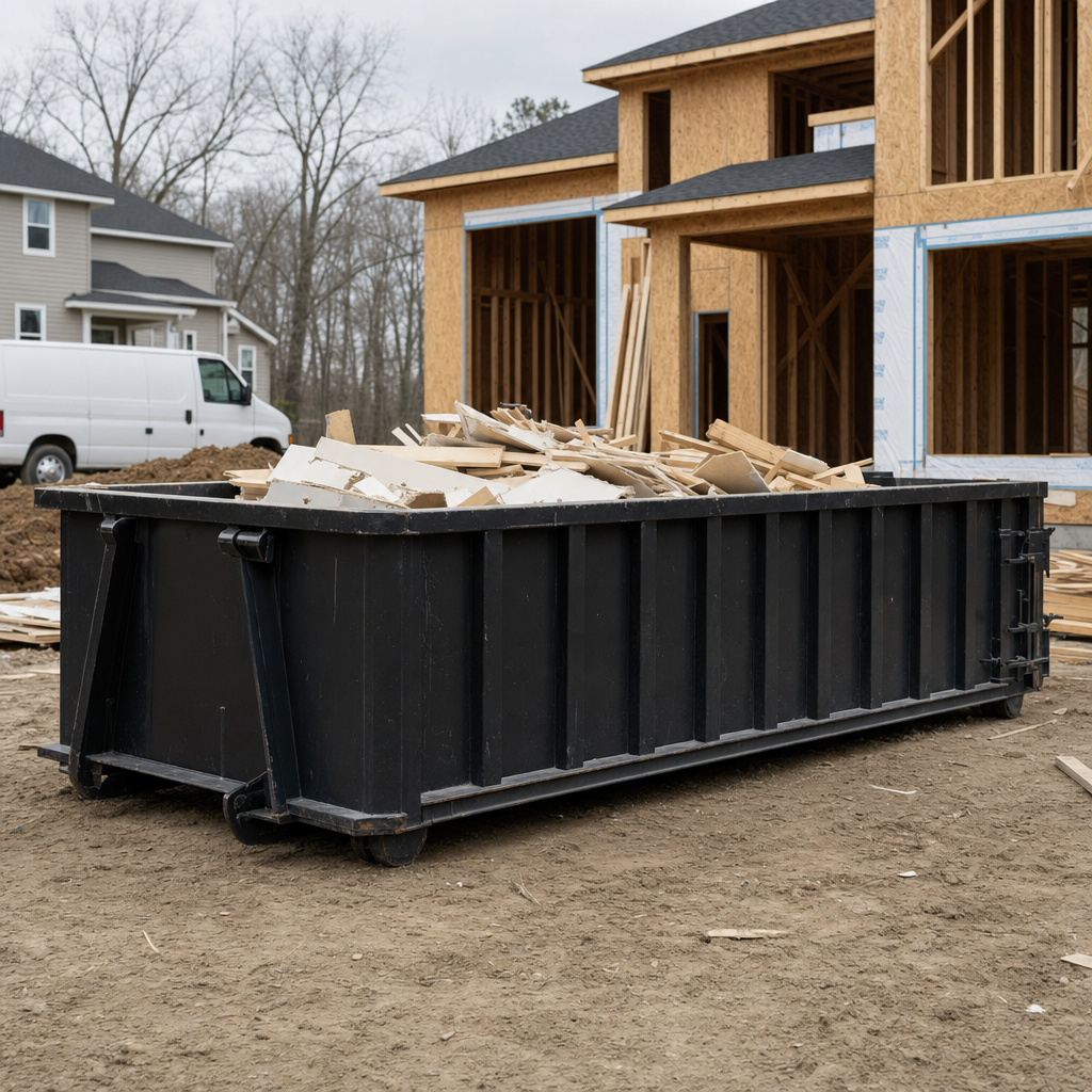 Worker in a yellow high-visibility vest tossing framing lumber and broken drywall into a matte-black 30-yard construction roll-off dumpster on an active build site in Tallahassee, bright daylight