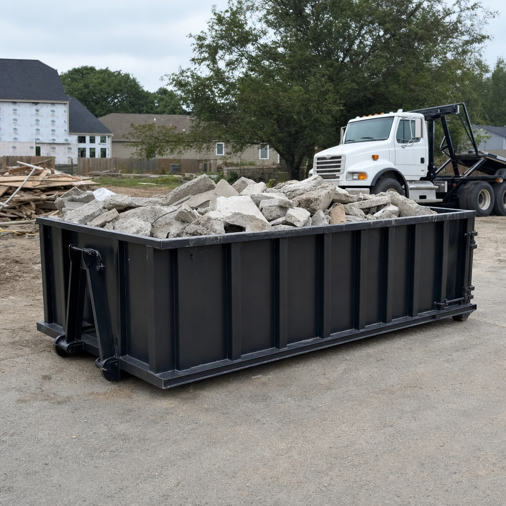Low-profile matte-black lowboy roll-off dumpster loaded with broken concrete slab and rebar at a foundation tear-out in Tallahassee, skid steer parked beside it, sunny Colorado morning