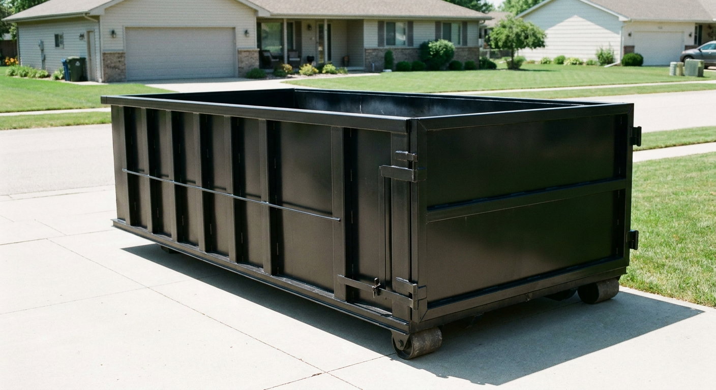 Matte-black 10-yard roll-off dumpster on a residential concrete driveway in Tallahassee, uniformly painted matte black across every panel and rail, ribbed steel sidewalls and rear swing door visible, mid-day daylight.