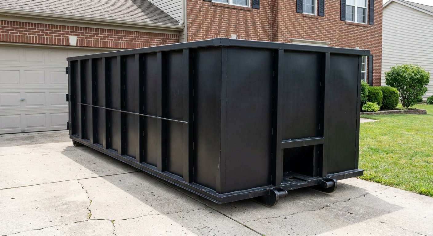 Matte-black 20-yard roll-off container on a Tallahassee residential concrete driveway with reinforced ribbed steel sidewalls and a hinged rear walk-in door, clean bright daylight.