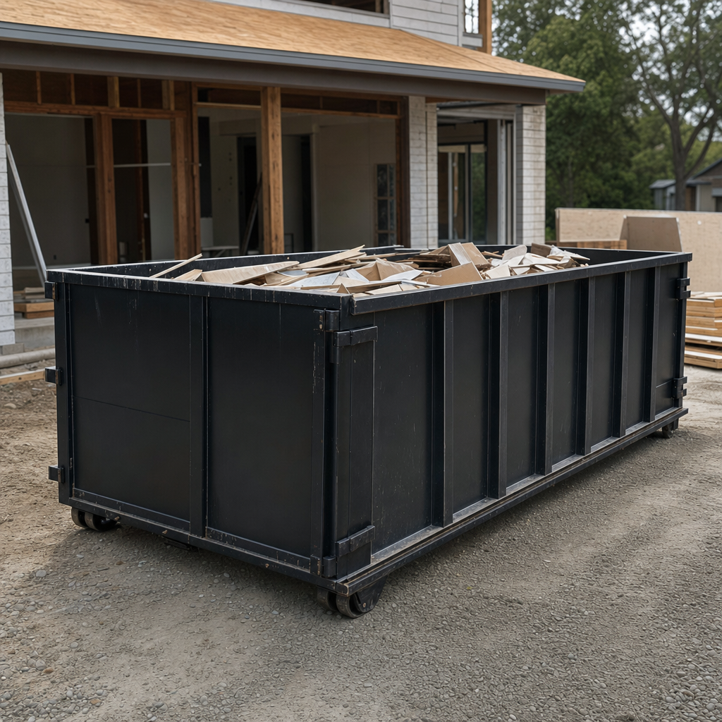 Large matte-black 30-yard construction roll-off dumpster at an active Tallahassee jobsite, steel-gray top rails and bottom rollers visible, loaded with construction debris.