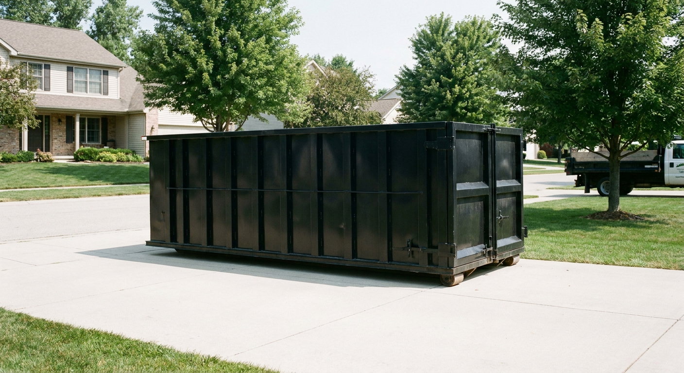 Matte-black 20-yard roll-off dumpster sitting level on a clean Tallahassee residential concrete driveway under bright daylight, demonstrating clean placement directly on the concrete.