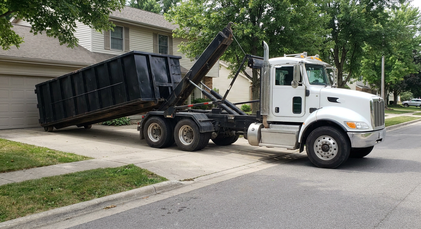 White-cab hooklift roll-off truck actively lowering a matte-black dumpster onto a Tallahassee residential concrete driveway, the dumpster's rear wheels touching the driveway as the hoist arm tilts the bed forward, mid-morning daylight.