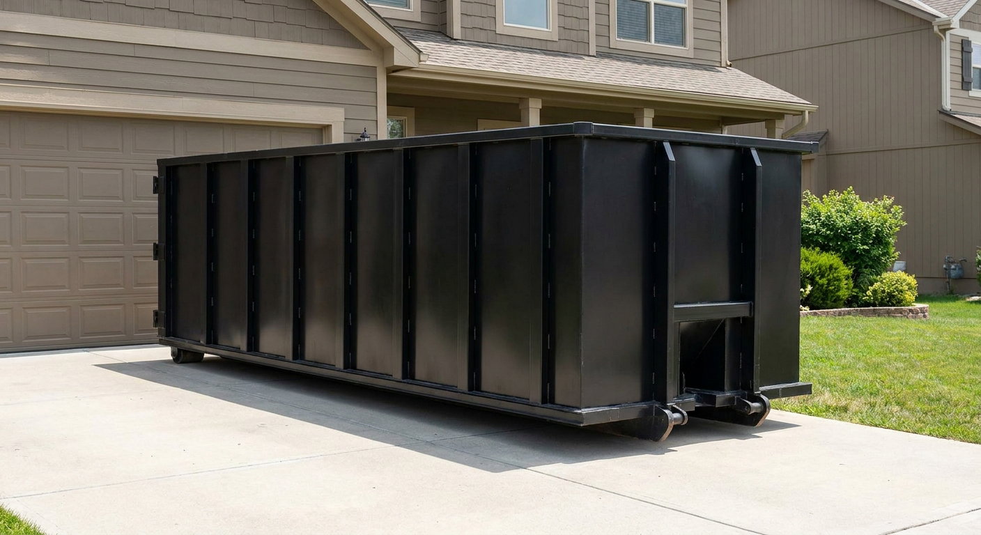 Matte-black residential roll-off dumpster sitting directly on a suburban Tallahassee concrete driveway, garage door closed, single-family home in background, bright morning daylight.