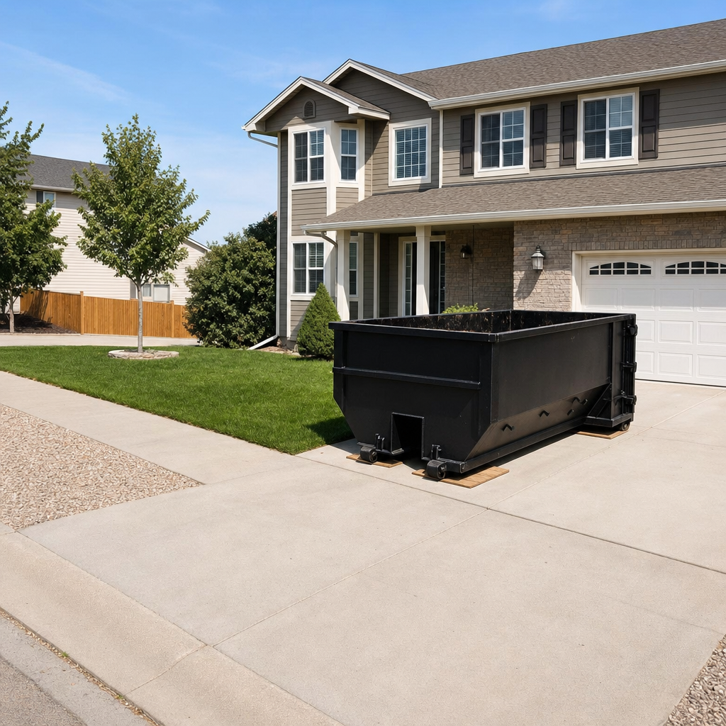 10-yard matte-black residential dumpster placed directly on a narrow Tallahassee concrete driveway, room remains for a parked sedan beside it, mid-morning natural light
