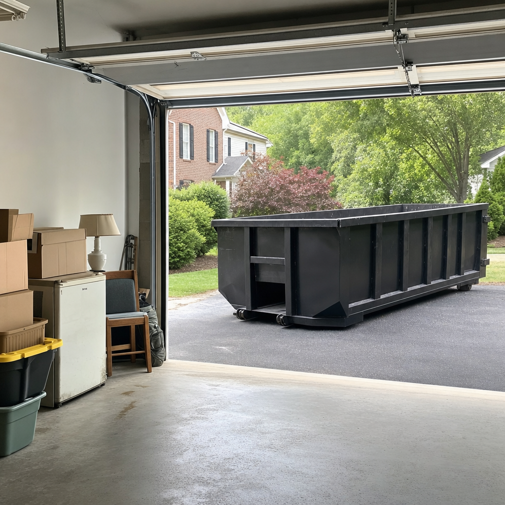 Open garage interior in a Tallahassee home mid-cleanout — boxed items, an old appliance, and stacked yard tools queued near the driveway for a matte-black roll-off dumpster, organized and calm