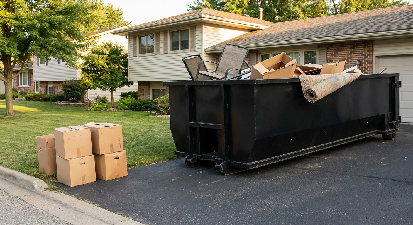 Front-yard view of a Tallahassee split-level home with a 20-yard matte-black roll-off dumpster sitting directly on the asphalt driveway, a few clearly labeled donation boxes staged at the curb, calm sunny afternoon.