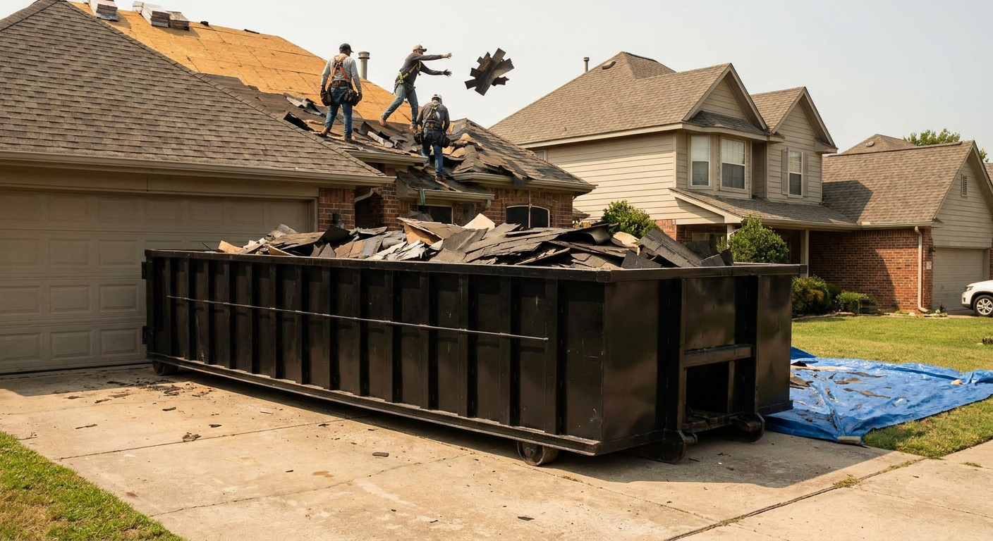 Matte-black roofing roll-off dumpster placed directly on a Tallahassee residential concrete driveway, a tear-off crew on a two-story asphalt-shingle roof tossing shingle bundles into the low-walled container, bright daylight, documentary 35mm perspective.