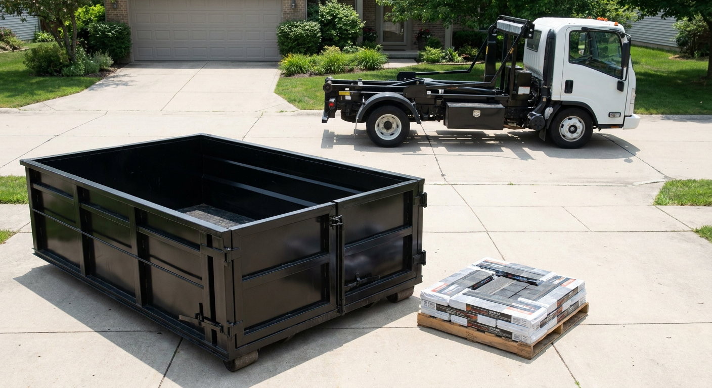 Matte-black 15-yard roofing roll-off dumpster with reinforced low side walls sitting directly on a Tallahassee residential concrete driveway, three-tab asphalt shingle bundles stacked nearby, an unmarked white hauler truck partially visible at the edge of the frame.