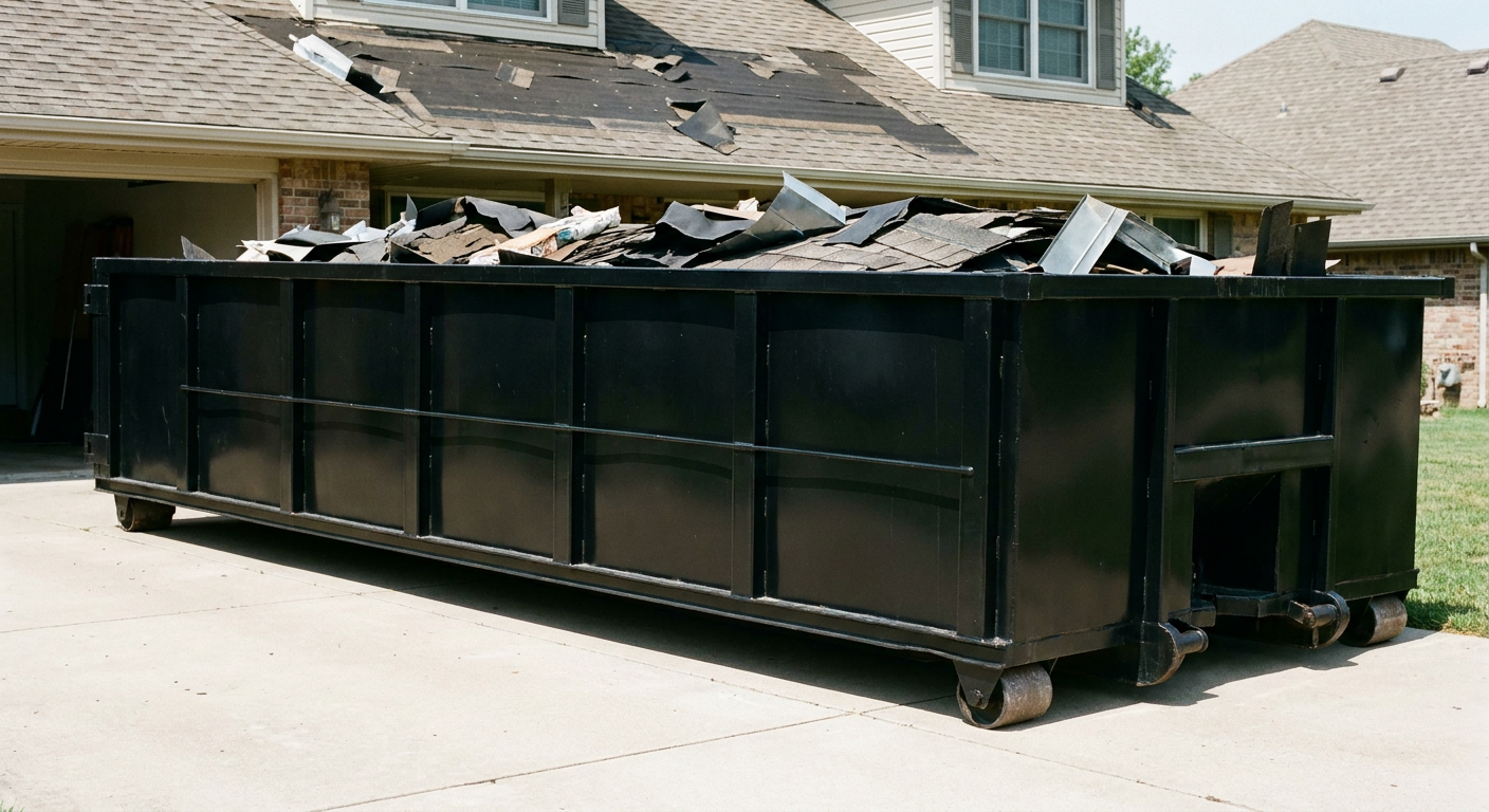 Matte-black 20-yard roofing roll-off dumpster with steel ribbed sides and swinging rear door, sitting directly on the concrete driveway of a two-story Tallahassee home, asphalt shingle debris being loaded over the low wall, clean documentary lighting.