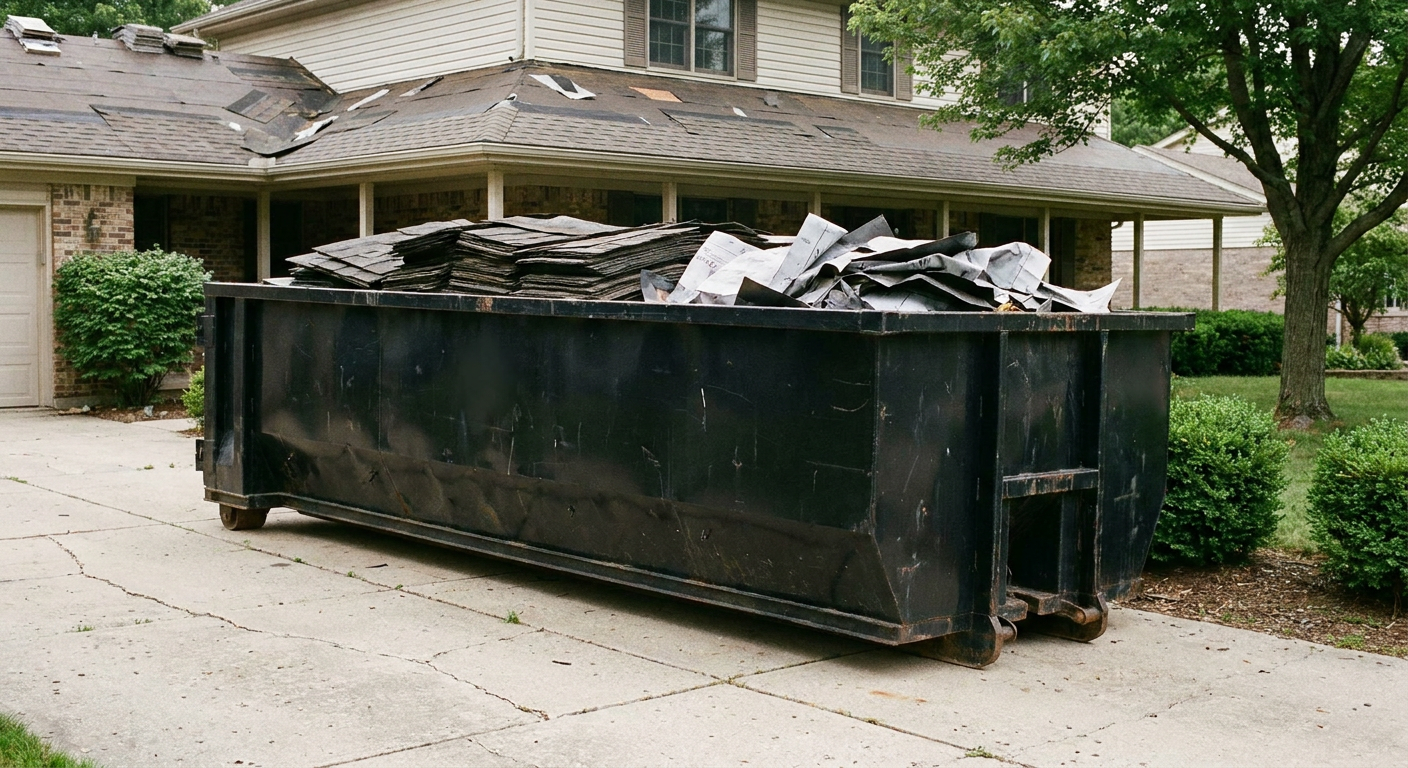 Matte-black 30-yard roofing roll-off dumpster sitting directly on a Tallahassee concrete driveway, taller ribbed steel side panels, mixed tear-off debris of asphalt shingles and underlayment inside, professional documentary daylight.
