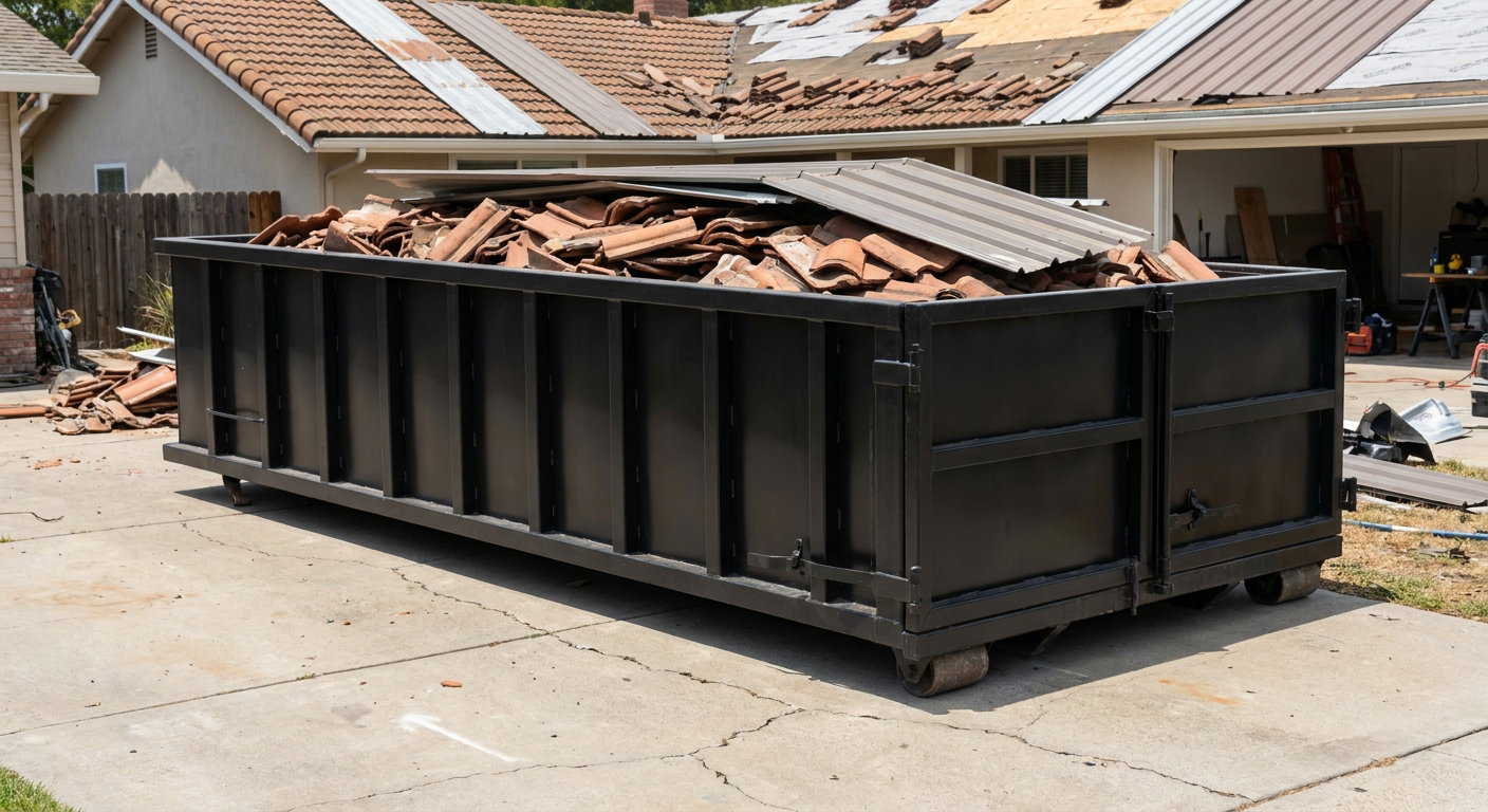 Matte-black low-wall heavy-debris roofing roll-off dumpster sitting directly on a Tallahassee concrete driveway, broken concrete clay roof tiles and metal panel sections loaded inside, reinforced ribbed steel side walls visible, bright outdoor daylight.