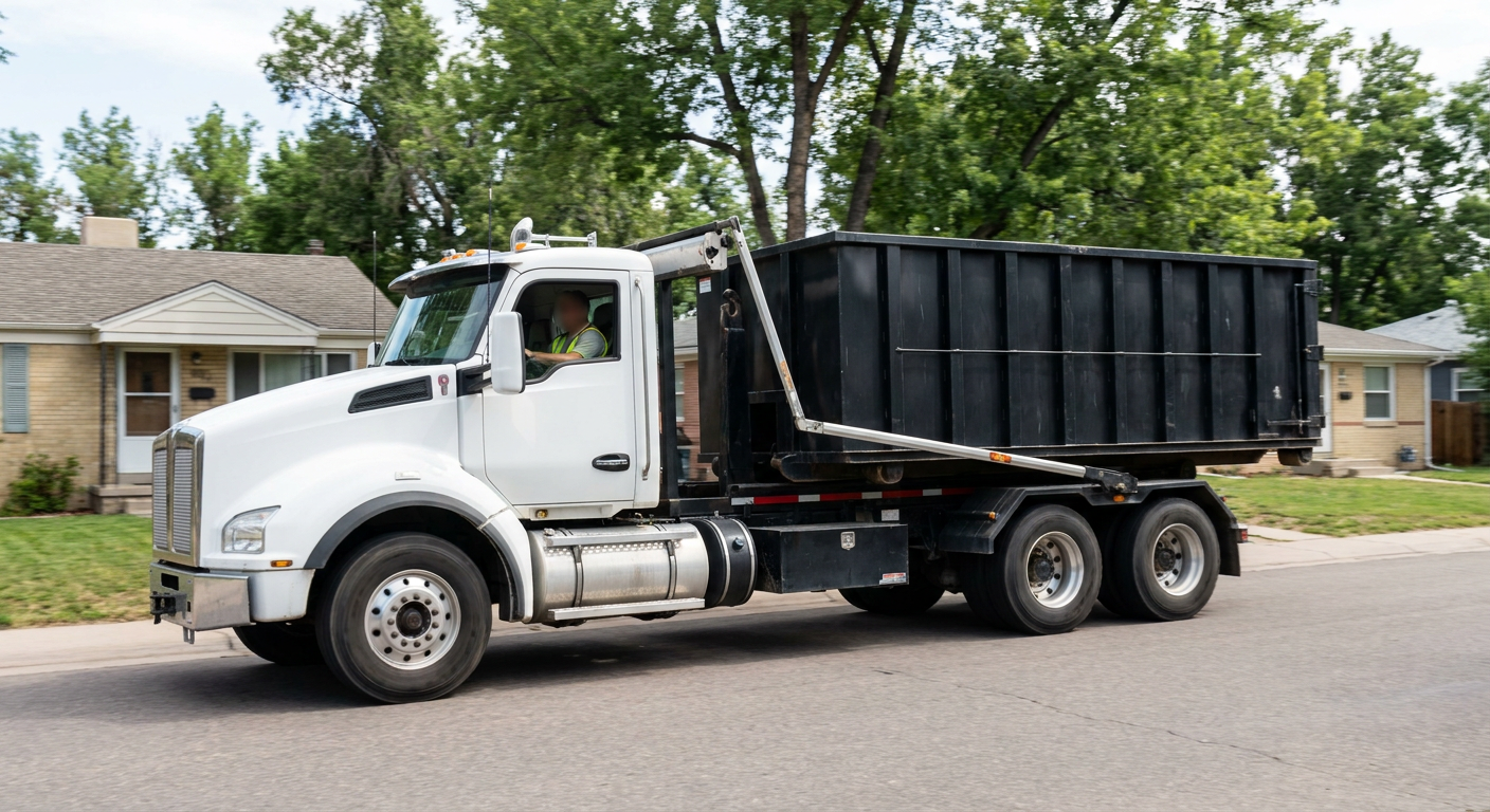 A wide documentary shot of a matte-black roll-off delivery truck pulling onto a quiet Tallahassee residential street at mid-morning, with neighborhood rooftops and tree-lined blocks visible behind, showing the metro coverage footprint.
