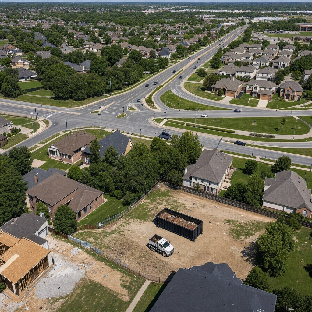 An overhead documentary view of the Tallahassee metro area at midday, showing the spread of neighborhoods, arterial roads, and the dispatch radius from a central yard — clean daylight, organized geographic layout.