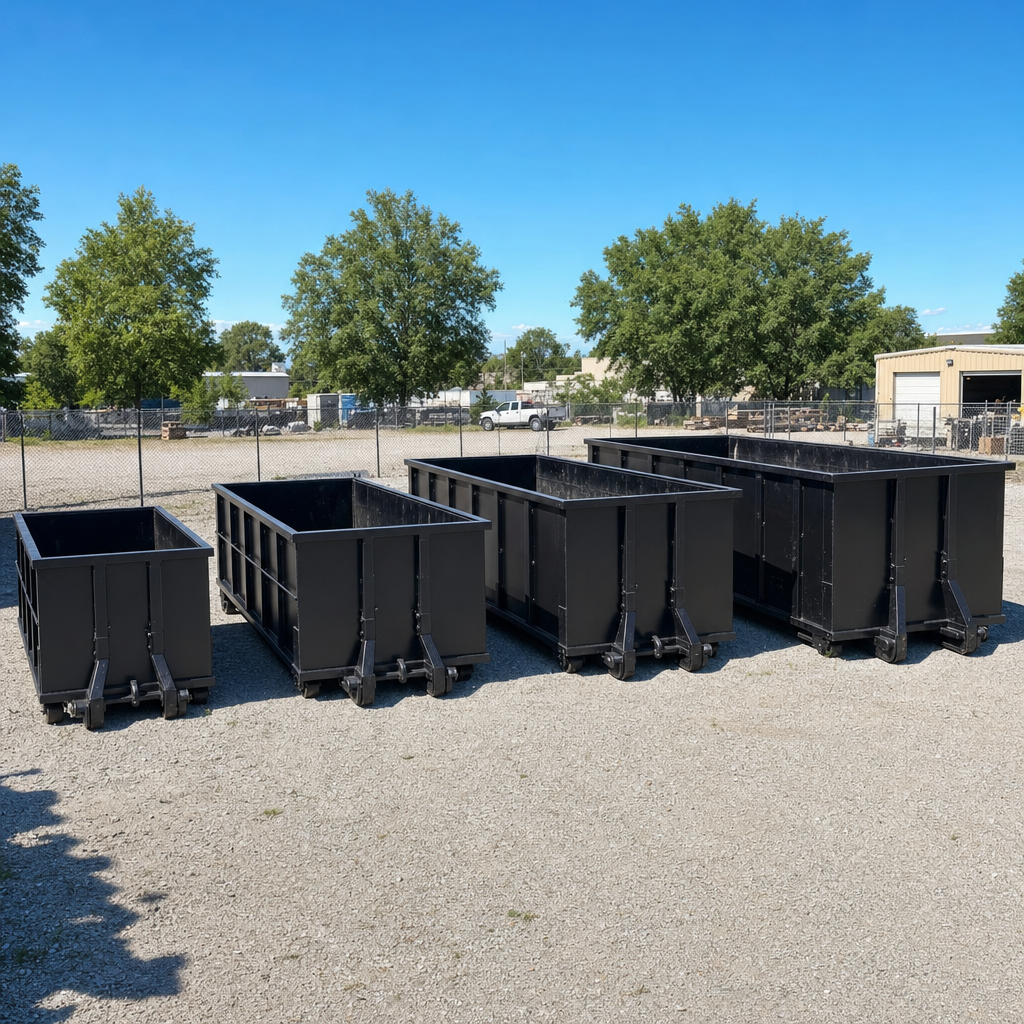 A clean lineup of matte-black roll-off dumpsters in 10, 20, 30, and 40-yard sizes staged on a sunlit gravel yard in Tallahassee, showing the size progression from compact to commercial-scale containers.