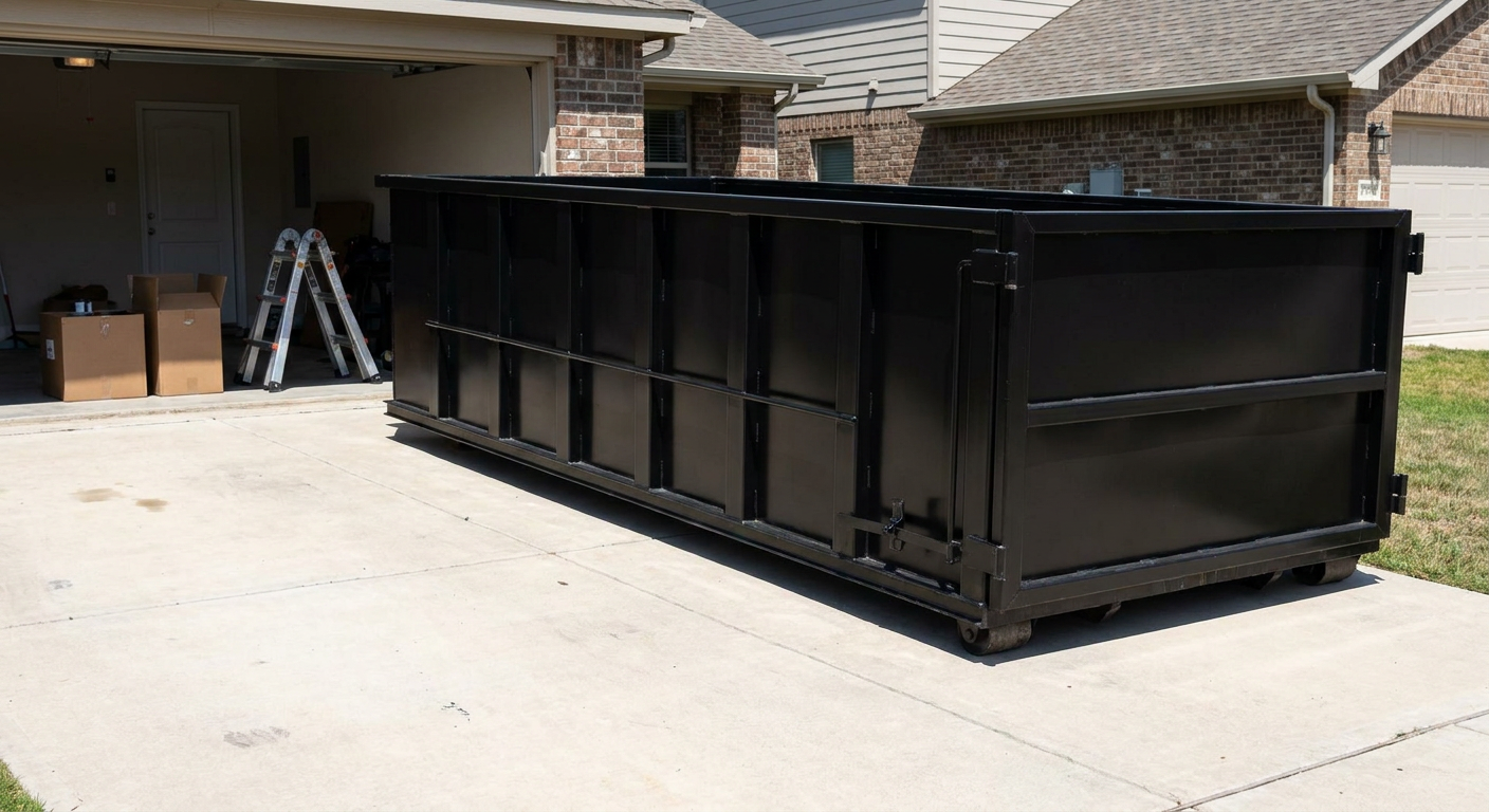 A matte-black 10-yard roll-off dumpster sitting directly on a residential Tallahassee concrete driveway, mid-day sunlight, clean and ready for a garage cleanout.