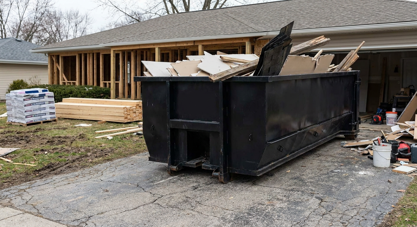A matte-black 20-yard roll-off dumpster placed alongside a mid-renovation Tallahassee home directly on the asphalt driveway, with framing materials and torn-off shingles staged neatly nearby.