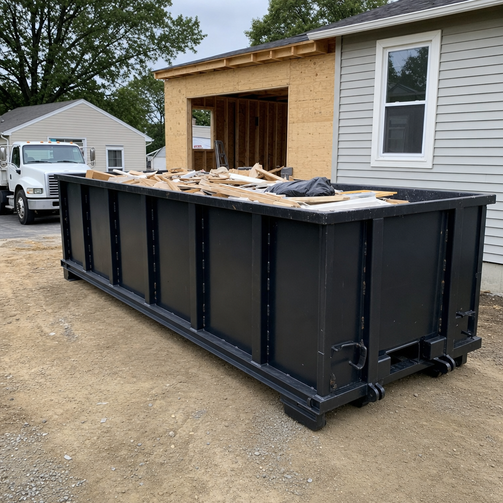 A matte-black 30-yard roll-off dumpster positioned at a Tallahassee residential addition jobsite, with framing lumber and drywall scraps loaded through the open swinging rear doors.