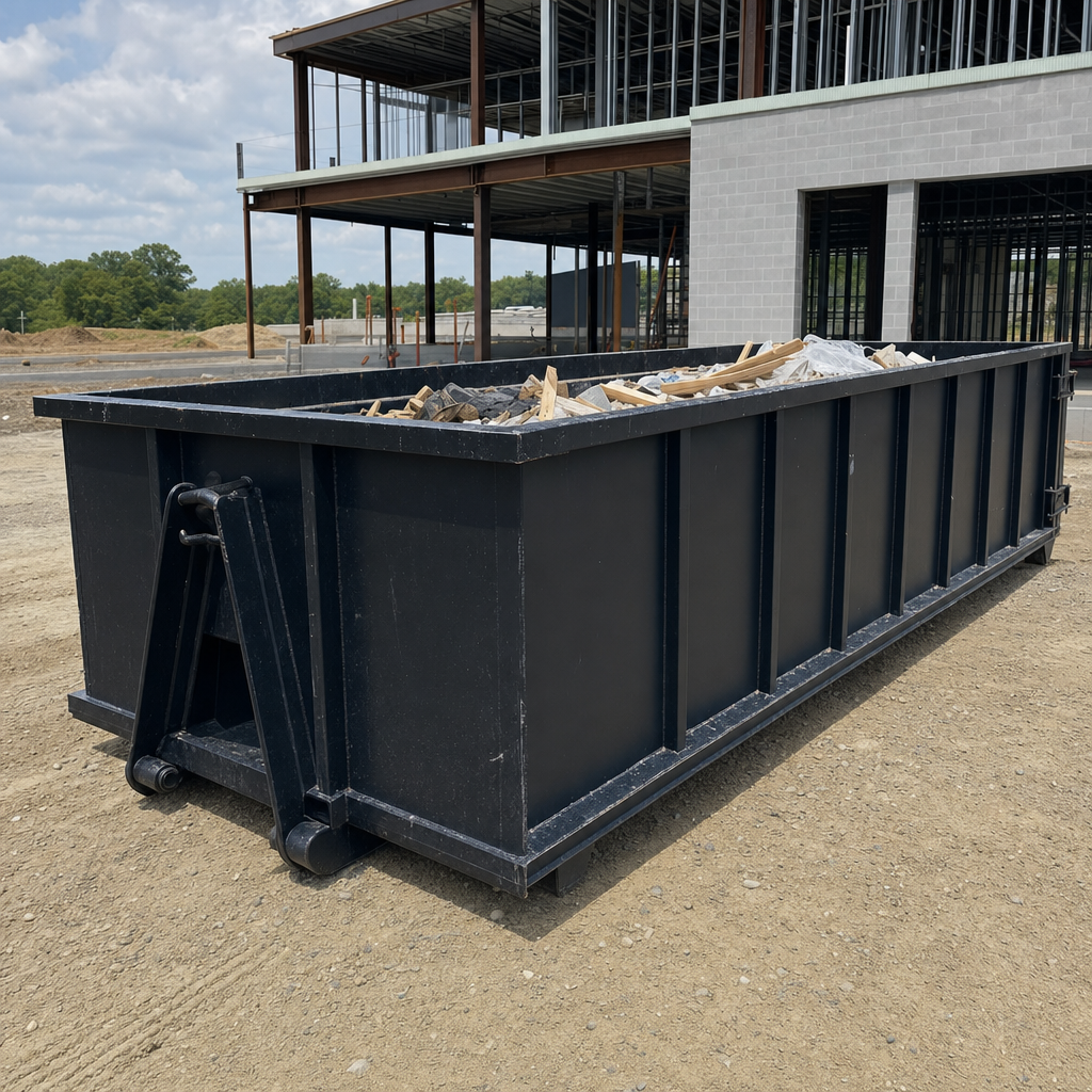 A matte-black 40-yard roll-off dumpster staged on a large Tallahassee commercial construction lot, with a hooklift delivery truck parked alongside under bright midday sky.