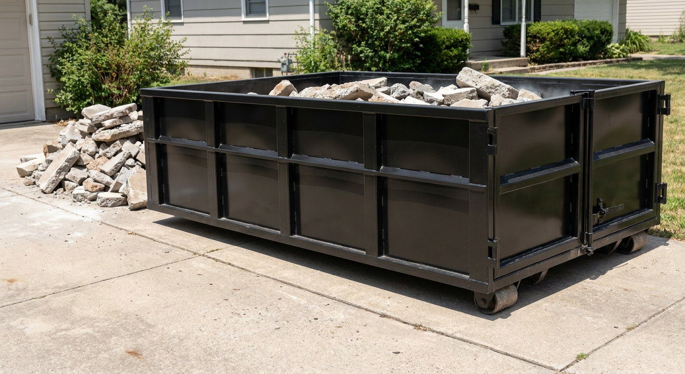A matte-black low-side heavy-debris roll-off dumpster placed directly on a Tallahassee concrete driveway, with broken concrete chunks neatly stacked beside it under clean daylight.